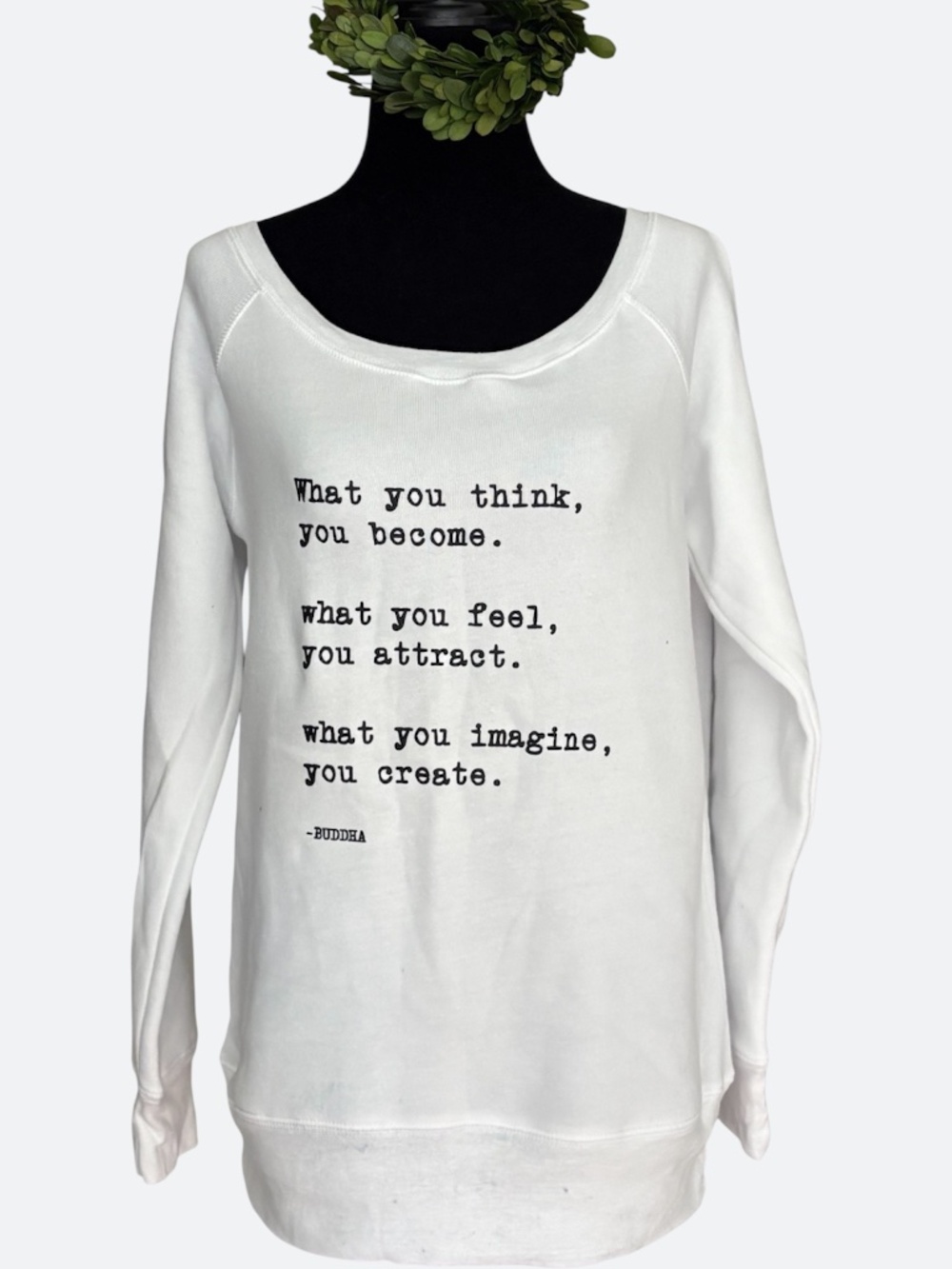 Om & Ah White Soft Fleece Sweatshirt Inspirational Buddha Quote SZ M